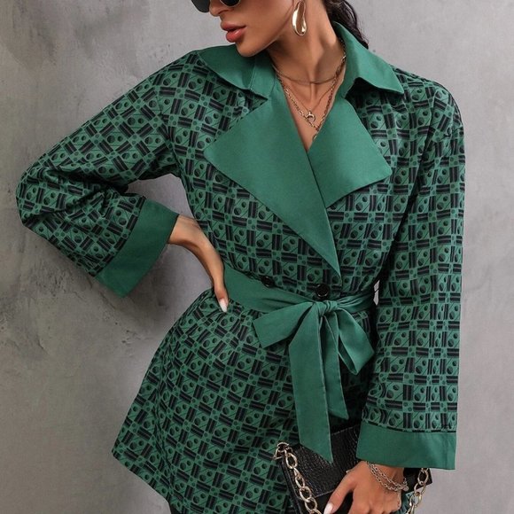 contemporary geo print green black belted mini trench coat minimalist - Picture 6 of 7